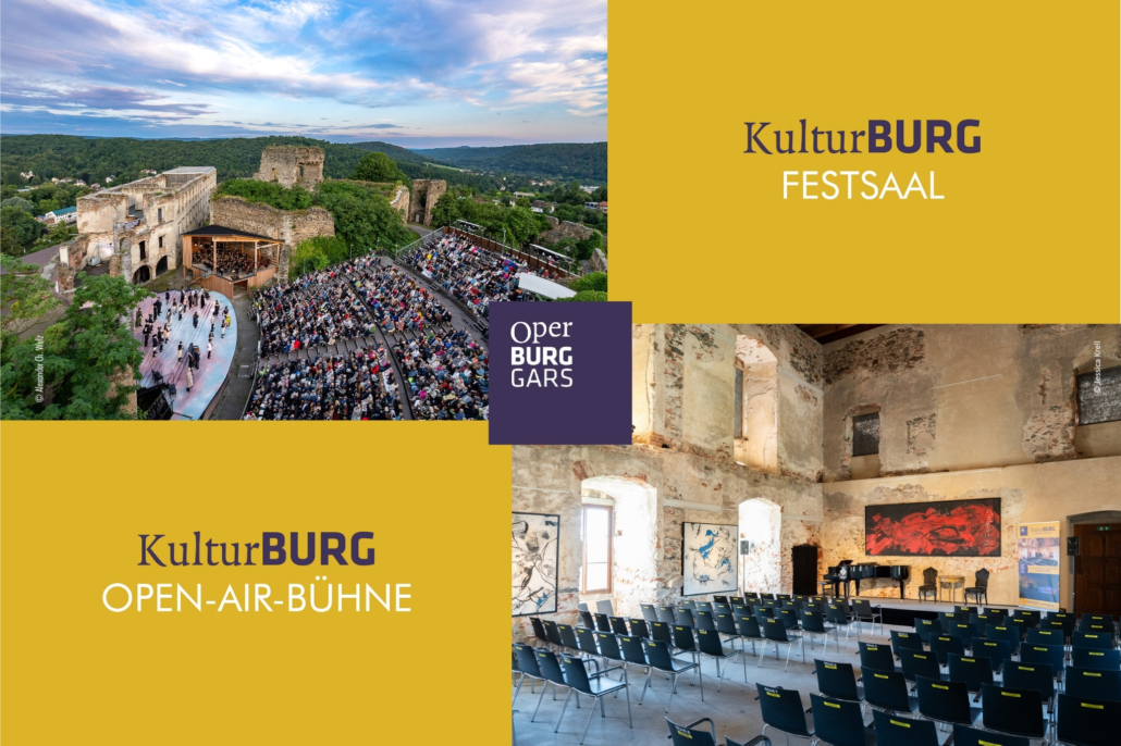 © Alexander Ch. Wulz (Übersichtsaufnahme der Burg Gars), © Jessica Krell (Festsaal) KulturBURG Sujet mit Bild der Open-Air-Bühne und des Festsaals