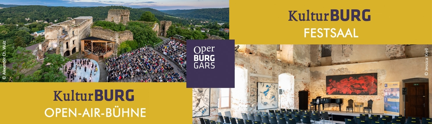 KulturBURG Sujet mit Bild der Open-Air-Bühne und des Festsaals